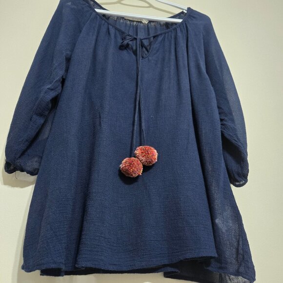 Johnny Was Calme Navy Blue Cold-Shoulder Boho Peasant Blouse with Pom-Pom Tie S - Picture 2 of 9